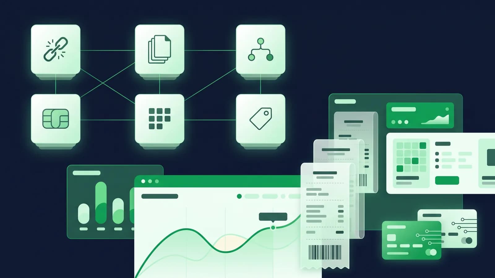 Illustration of six criteria tiles: offline billing, VAT documents, branches, mobile payments, ledger and pricing.