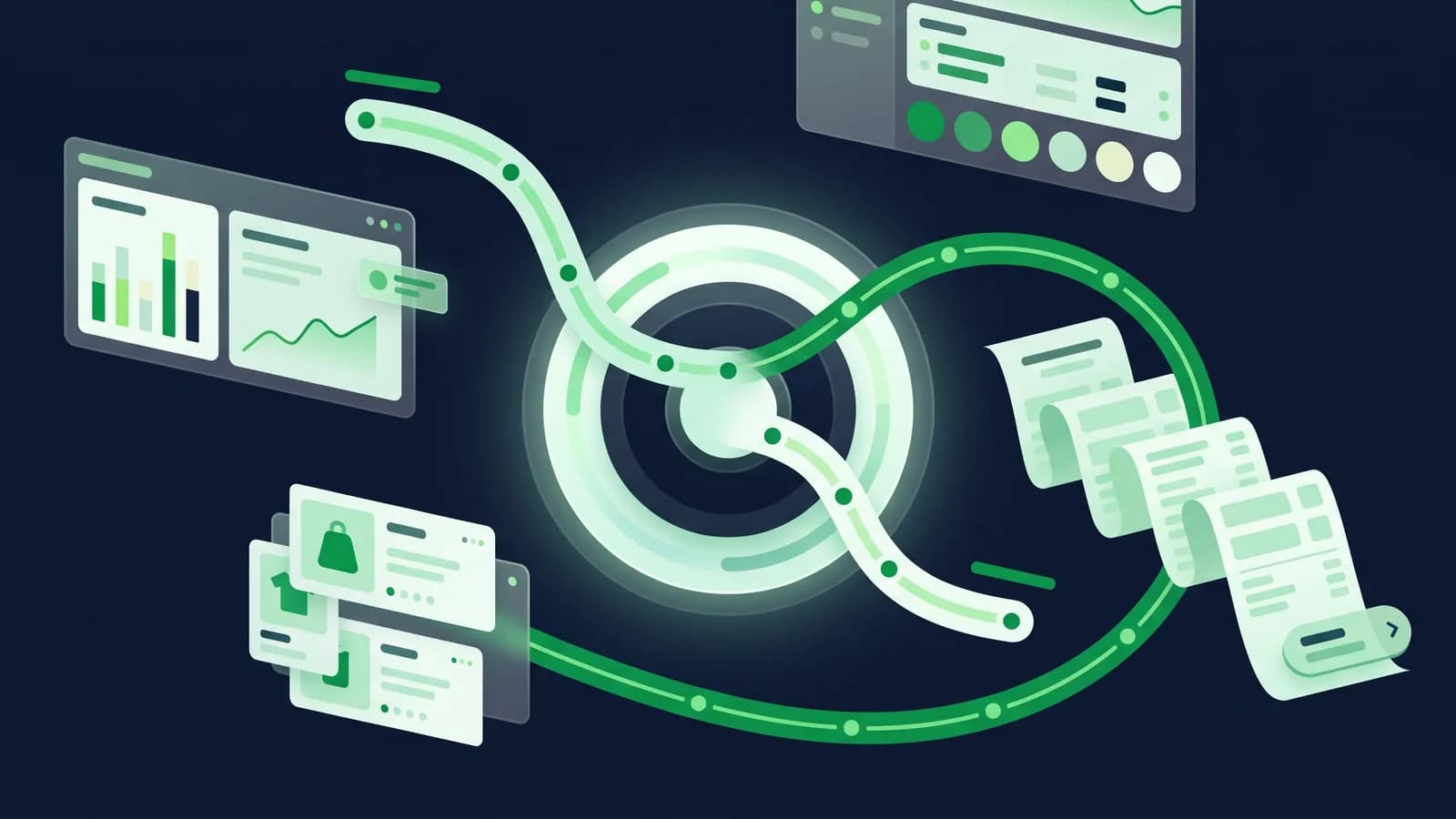 Illustration of work branching away from a shared codebase and merging back.