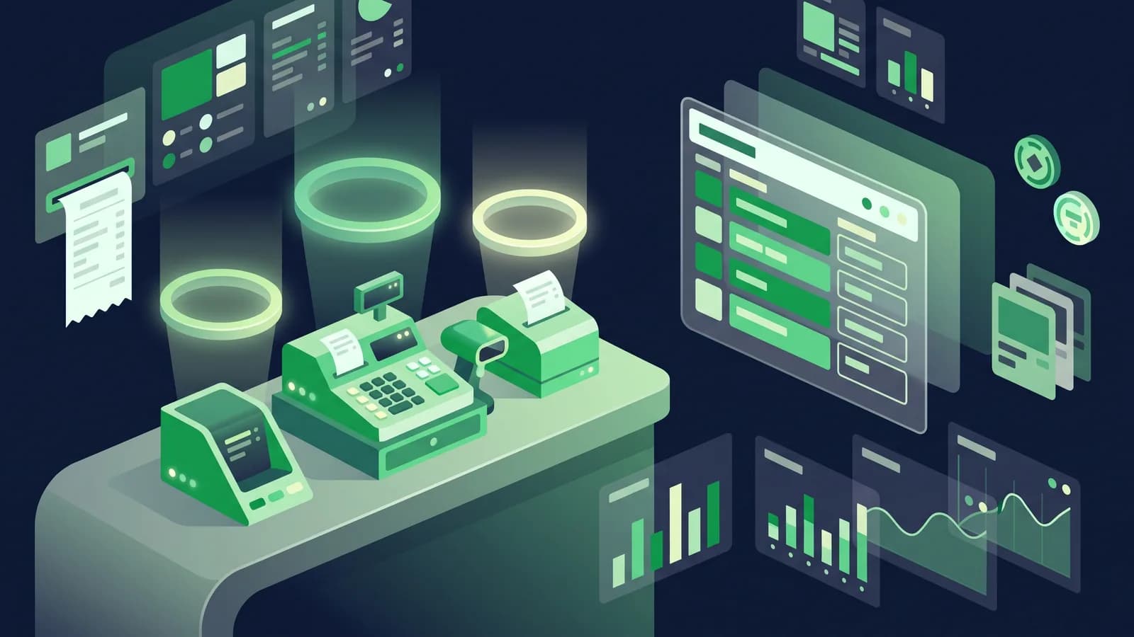 Illustration of a demo test bench probing a till, scanner and printer with a results panel.