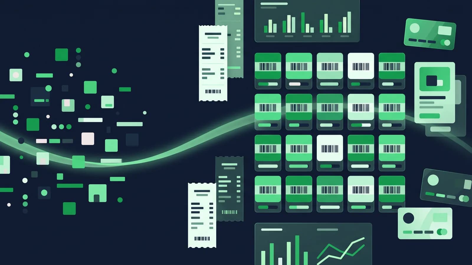 Illustration of scattered stock resolving into an indexed grid with quantity bars.
