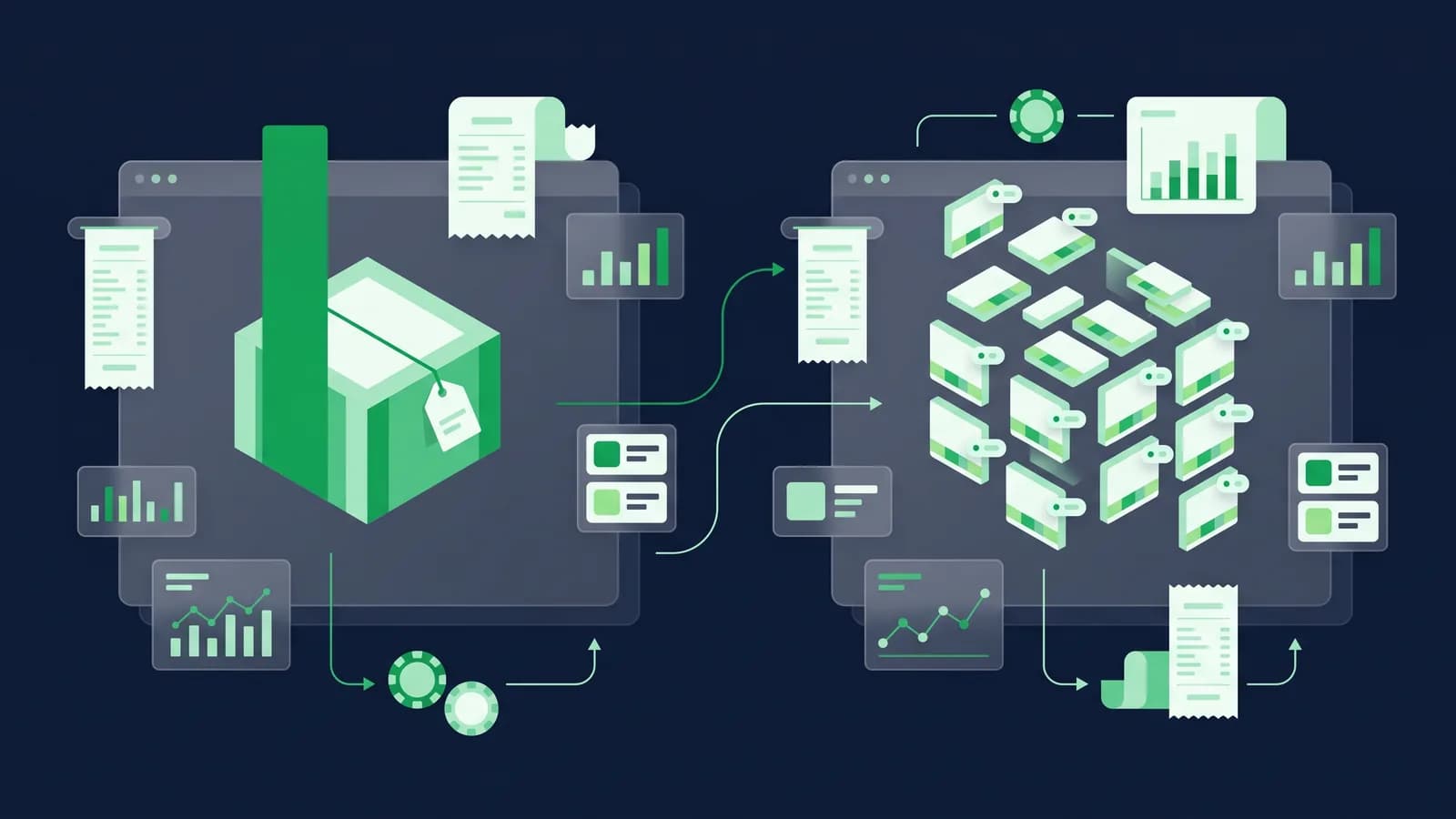 Illustration contrasting bulk quantity stock with individually tracked named units.