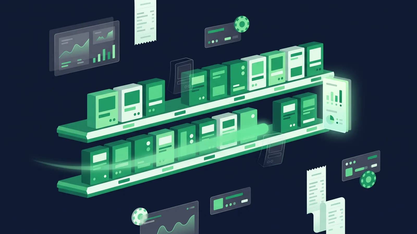 Illustration of shelf rails with missing product tiles drifting away past a counting sweep.
