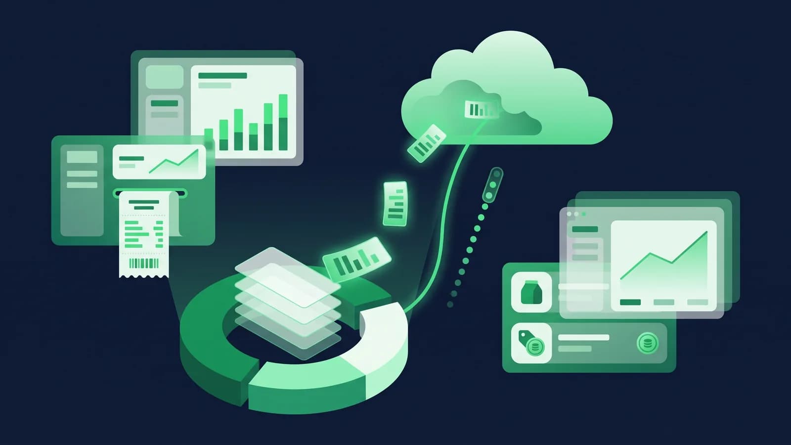 Illustration of a queue of offline bills syncing upward in order once the connection returns.