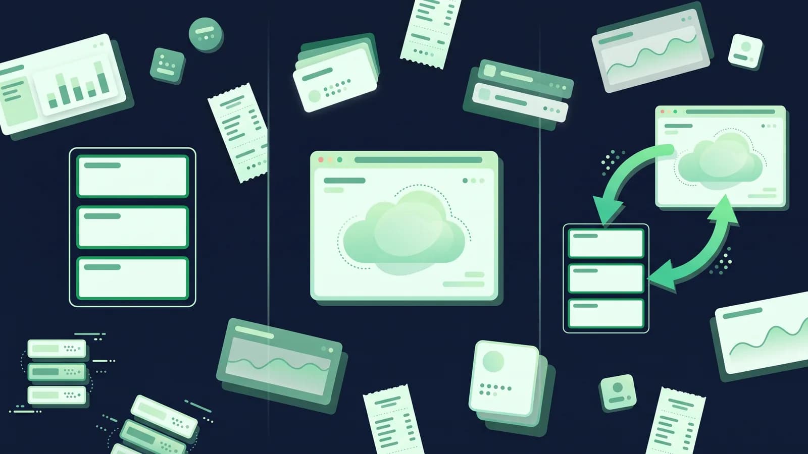 Illustration contrasting an on-premise server stack, a browser-based system and a hybrid of both.