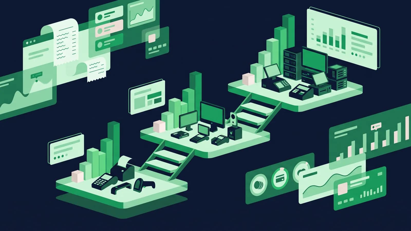 Illustration of three ascending hardware budget tiers with a stepped bar chart behind them.