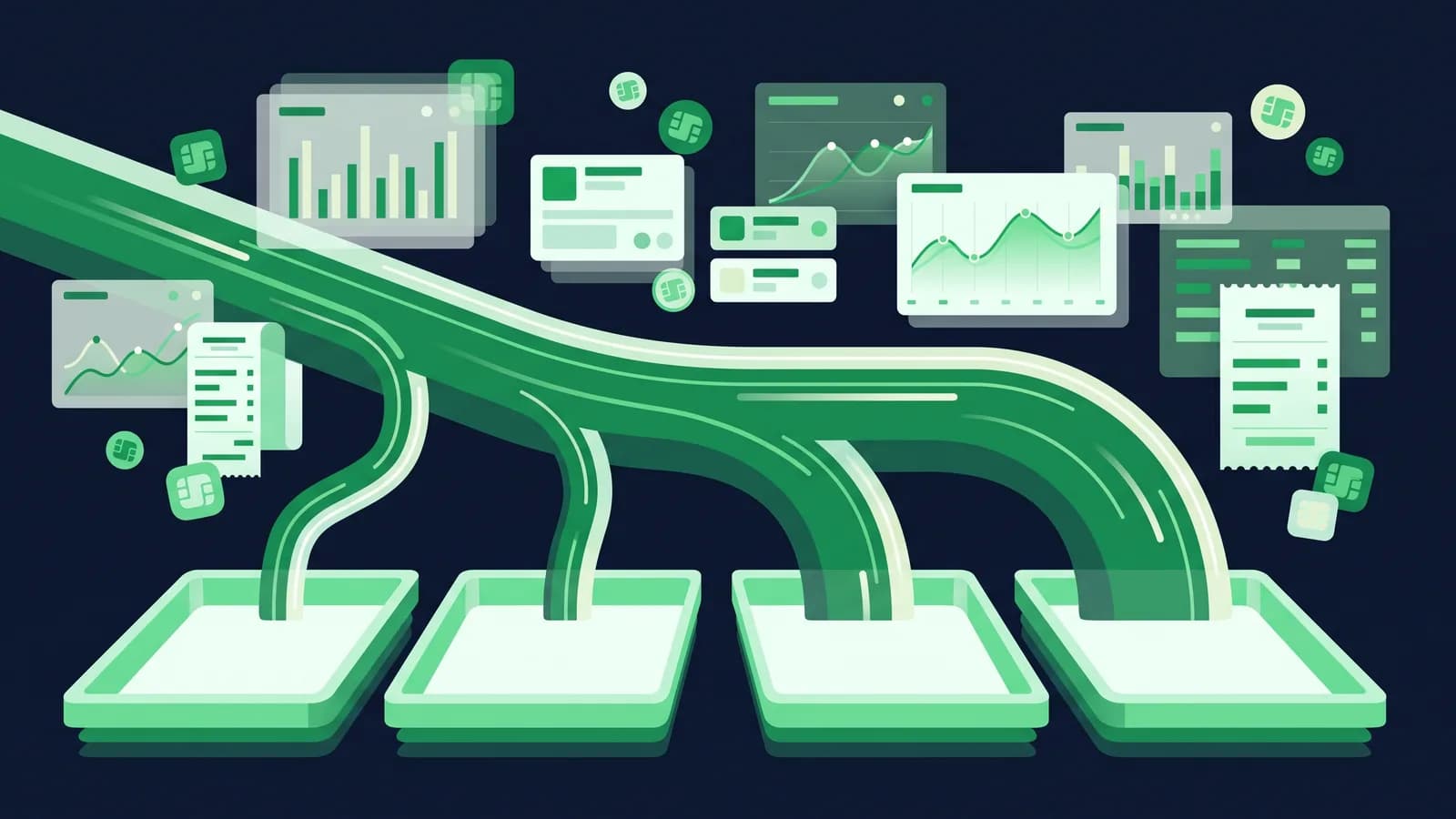 Illustration of a stock flow losing volume through four differently sized leak channels.